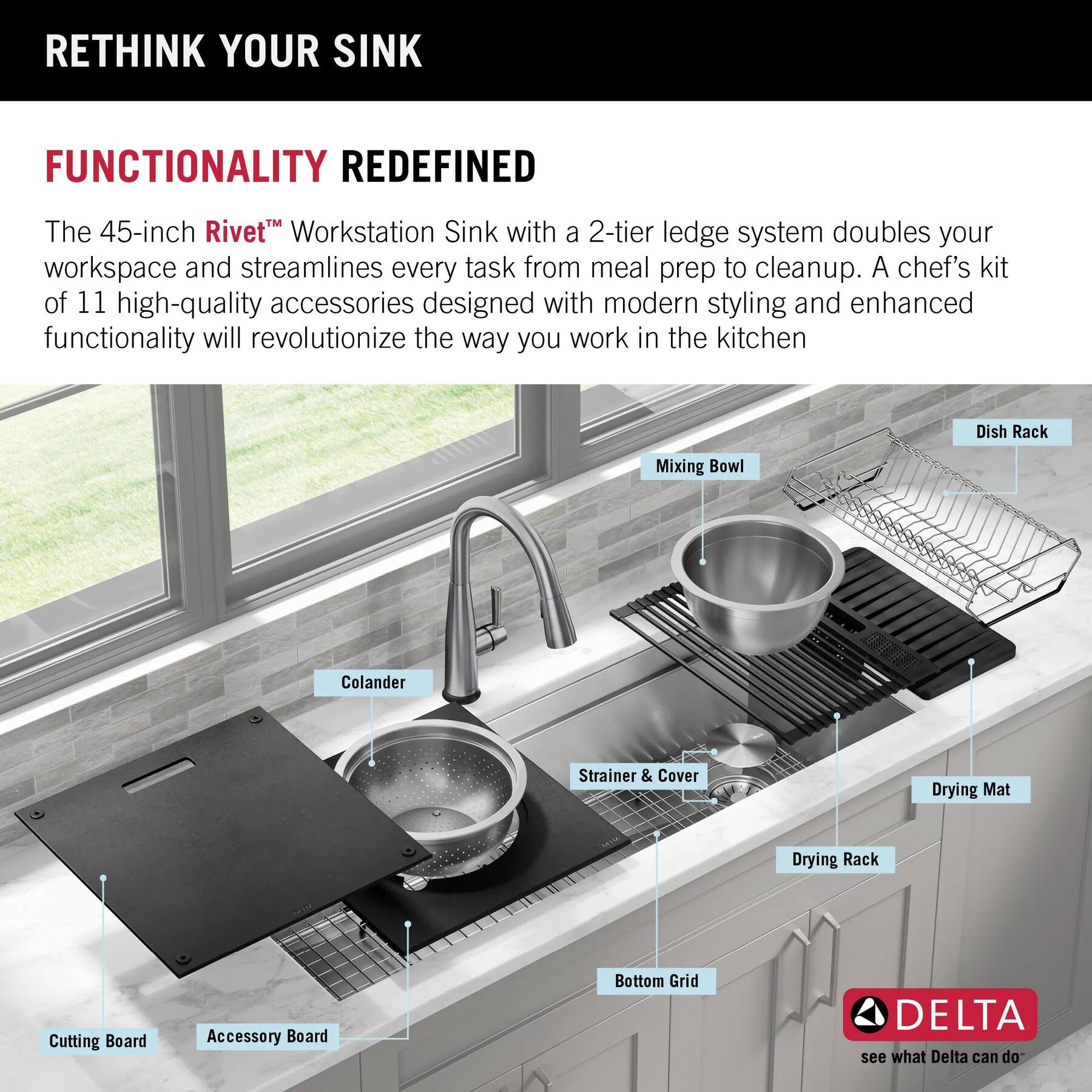 45&rdquo; Workstation Undermount Single Bowl 16 Gauge Stainless Steel Kitchen Sink with 2-Tier&nbsp;WorkFlow&trade; Ledge and Accessories